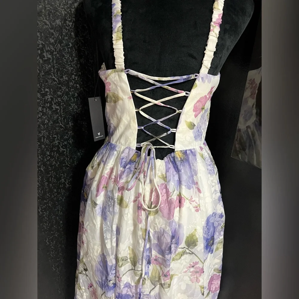 💜LULUS Hillela Ivory Floral Ruffled Lace-Up Midi Skater Dress💜SZ L- NWT - Picture 7 of 16